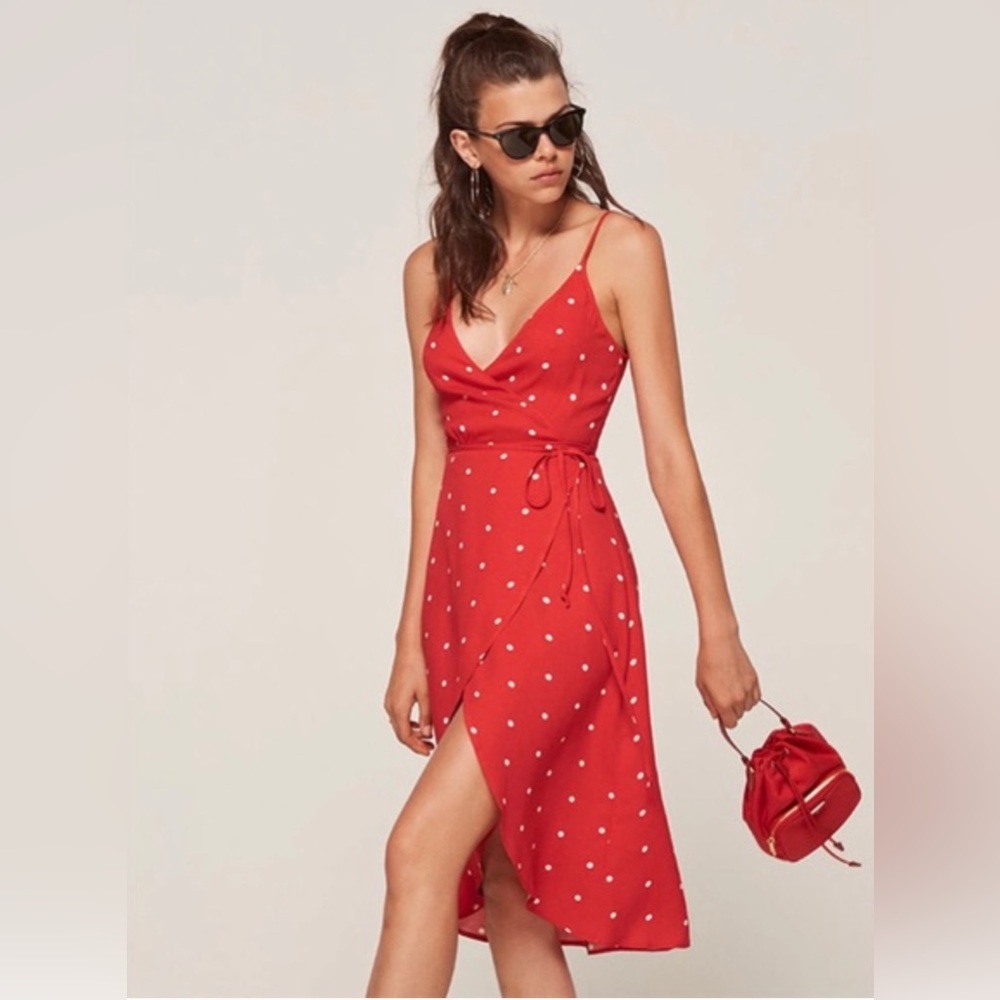 Red & White Polka Dot Reformation Wrap Sun Dress